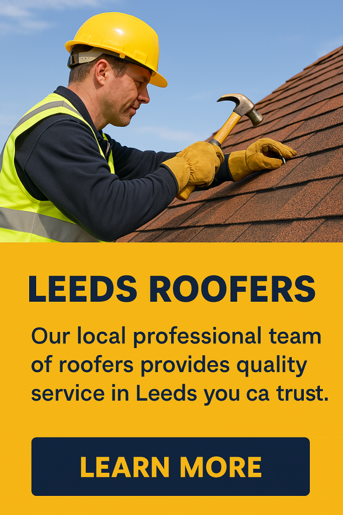 Digital ad for Yorkshire Roofing featuring a local roofer working on a Leeds rooftop, emphasising trusted, professional roofing services tailored to Yorkshire’s weather and community needs.