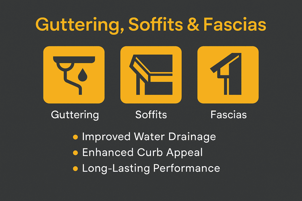 Infographic titled “Guttering, Soffits & Fascias” displaying key roofline services and benefits including water drainage, modern design, and long-term durability—set on a sleek dark background with yellow-orange and white accents.