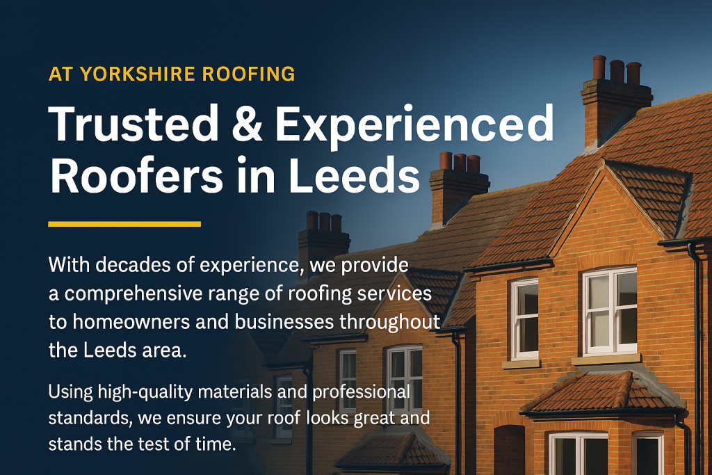 Promotional image for Yorkshire Roofing featuring traditional Leeds terraced houses with tiled roofs and bold text highlighting trusted, experienced roofing services using high-quality materials.