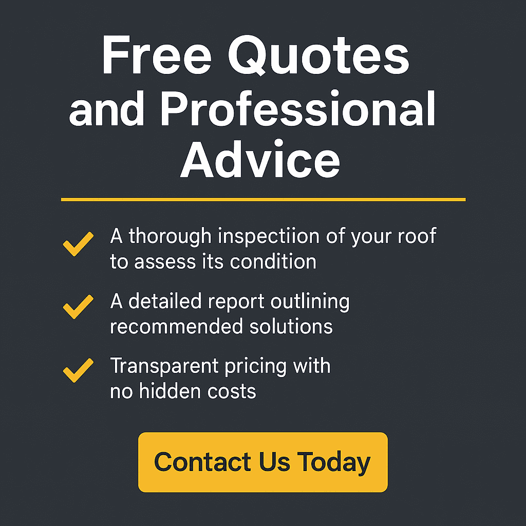 Promotional graphic offering free roofing quotes and expert advice, featuring a clean layout with bullet points, call-to-action button, and bold yellow accents on a dark gray background.