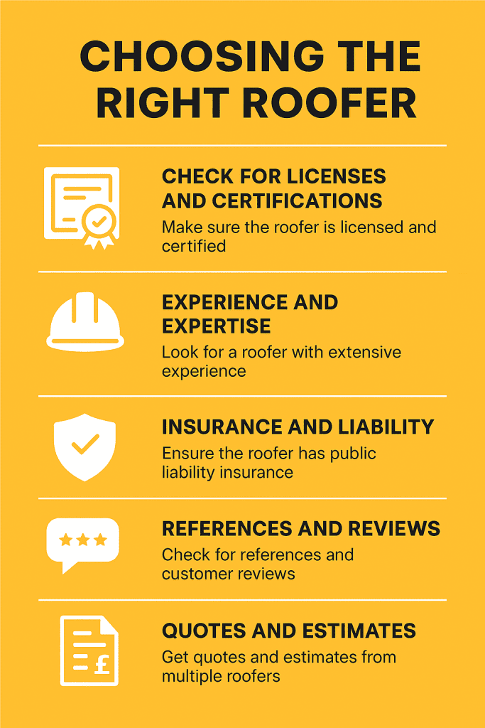 Infographic titled “Choosing the Right Roofer” with five key tips—licenses, experience, insurance, reviews, and quotes—presented with bold text and icons on a yellow-orange Yorkshire Roofing brand background.