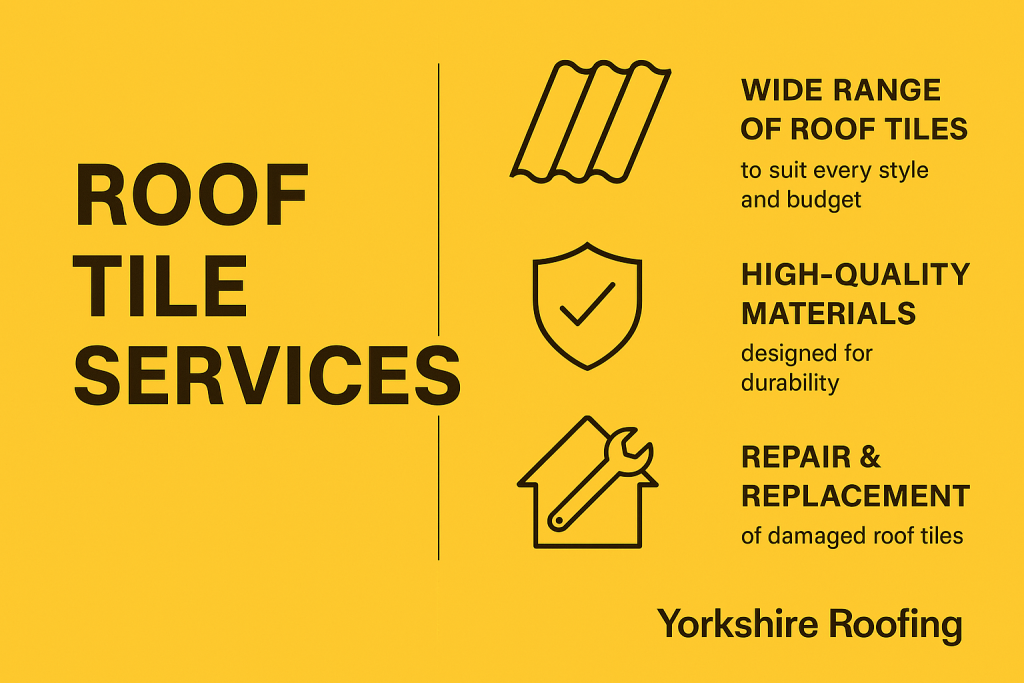 Informational graphic for Yorkshire Roofing showcasing roof tile services with bold yellow branding, labeled icons for tile variety, high-quality materials, and expert repair and replacement.