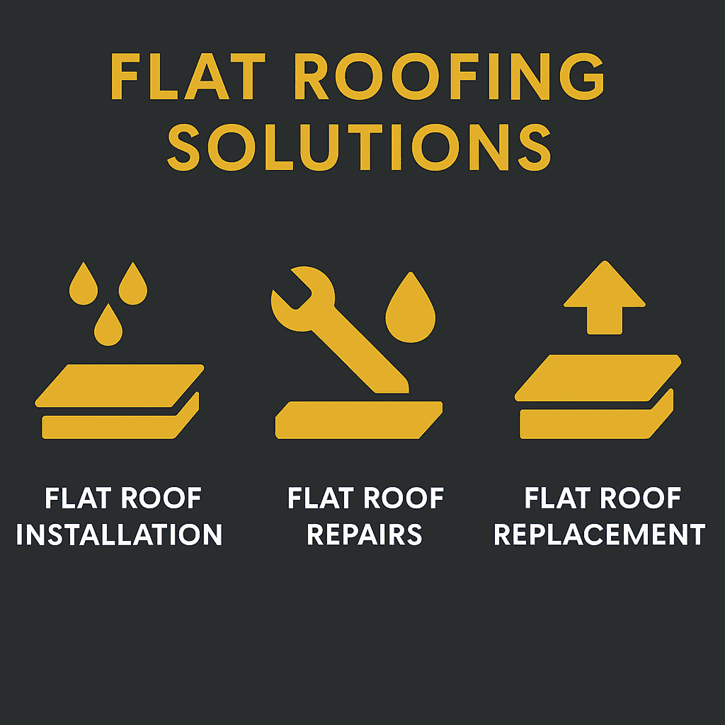 Flat Roofing Solutions” featuring gold icons for installation, repairs, and replacement of flat roofs, set against a dark gray background with clean, modern typography.