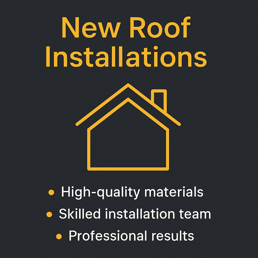 Infographic titled “New Roof Installations” displaying key features like high-quality materials, expert installation, and professional results, with bold yellow-orange text and modern icons on a dark gray background.