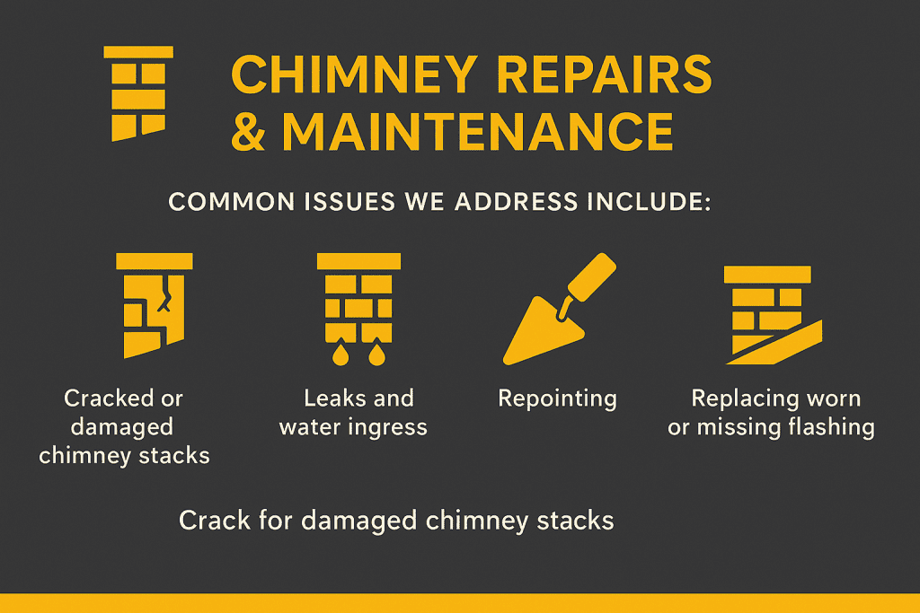 Infographic titled “Chimney Repairs & Maintenance” highlighting key services including cracked stack repair, leak prevention, repointing, and flashing replacement on a dark gray background with bold icons and yellow-orange accents.